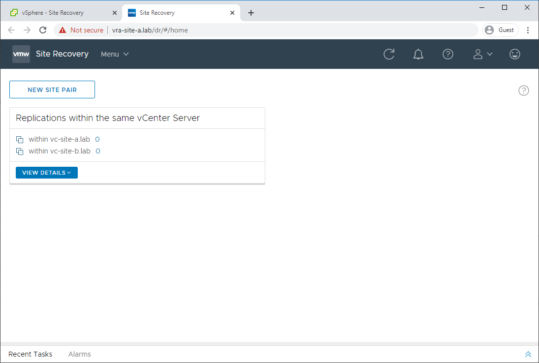 Site Recovery Interface with Two VSRs