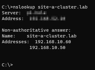 nslookup site-a-cluster.lab