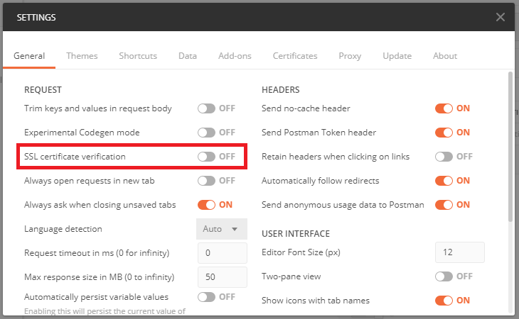 Postman SSL verification off