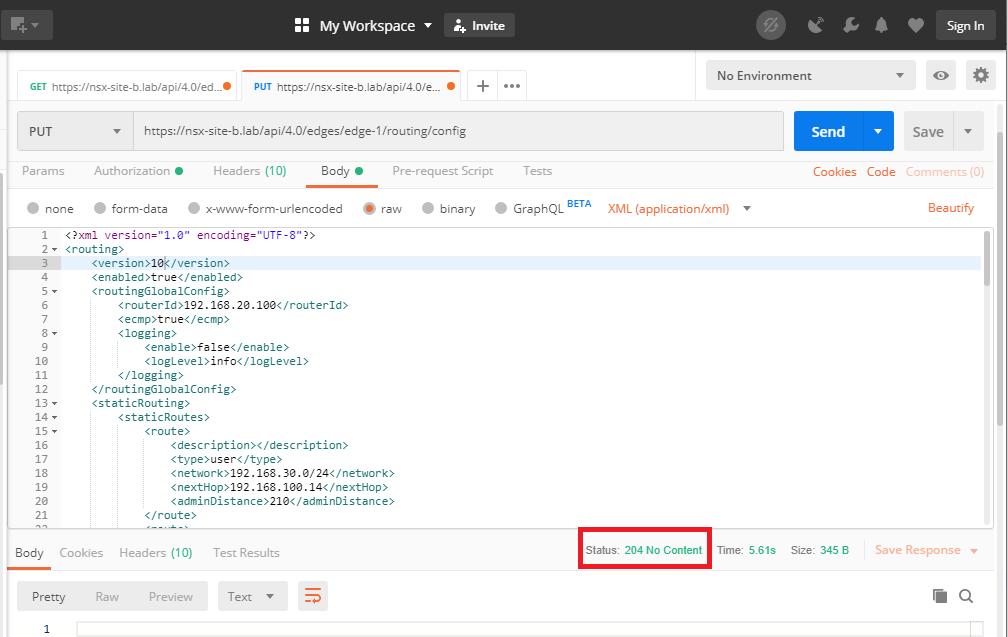 NSX API Put return