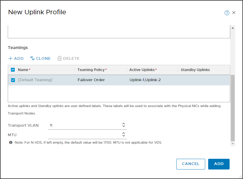 Site A Host Uplink Profile
