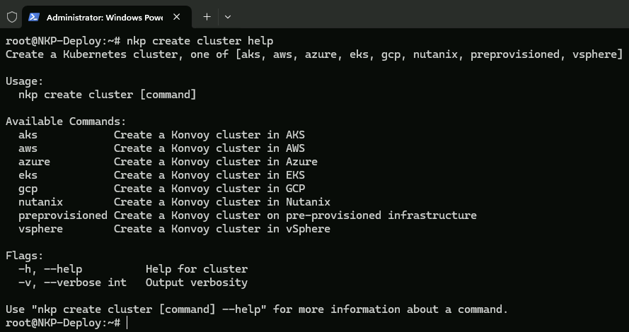NKP cluster create help