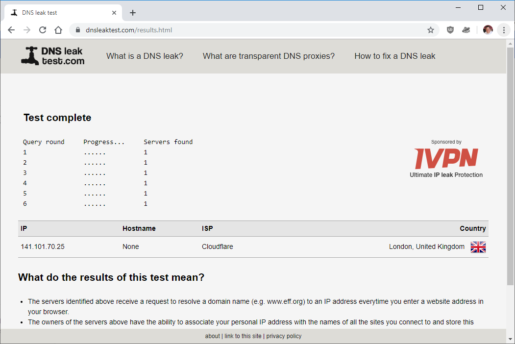 dnsleaktest results